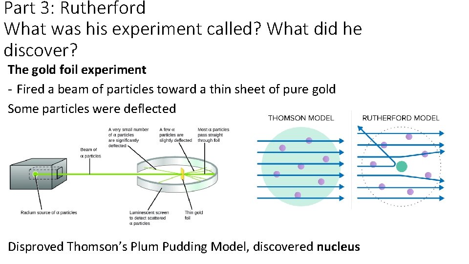 Part 3: Rutherford What was his experiment called? What did he discover? The gold