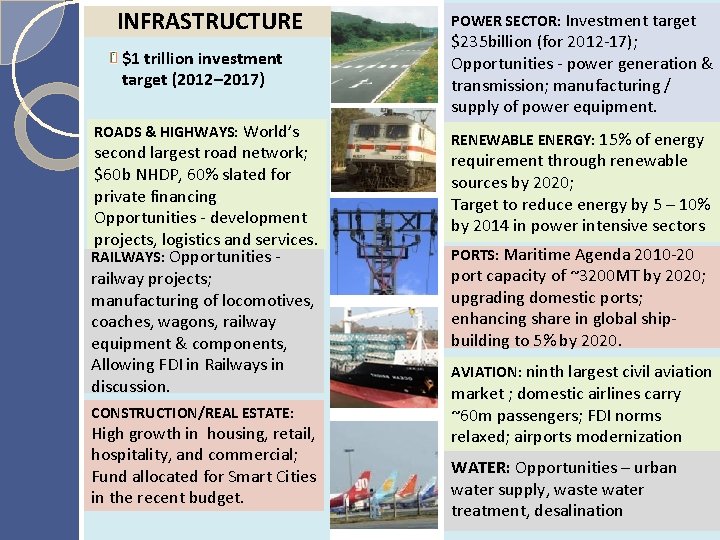 INFRASTRUCTURE $1 trillion investment target (2012– 2017) ROADS & HIGHWAYS: World’s second largest road
