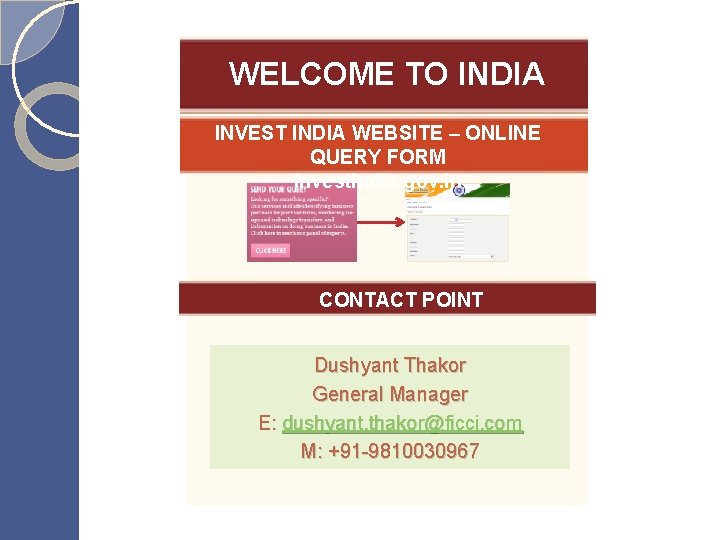 WELCOME TO INDIA INVEST INDIA WEBSITE – ONLINE QUERY FORM investindia. gov. in CONTACT