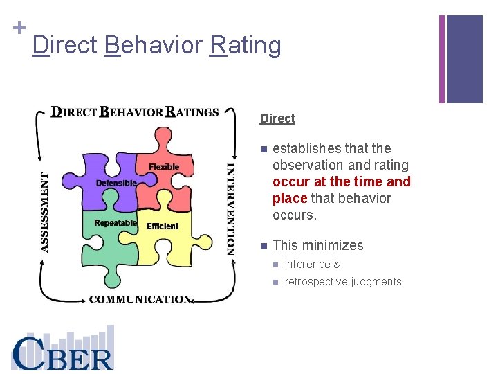 + Direct Behavior Rating Direct n establishes that the observation and rating occur at