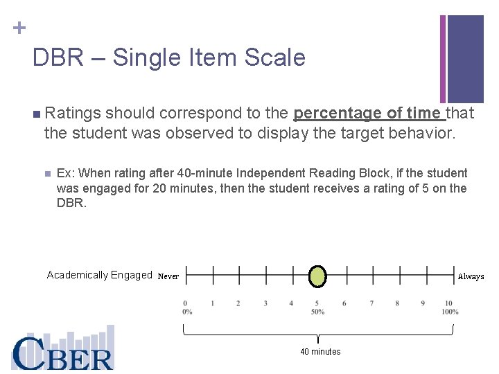 + DBR – Single Item Scale n Ratings should correspond to the percentage of