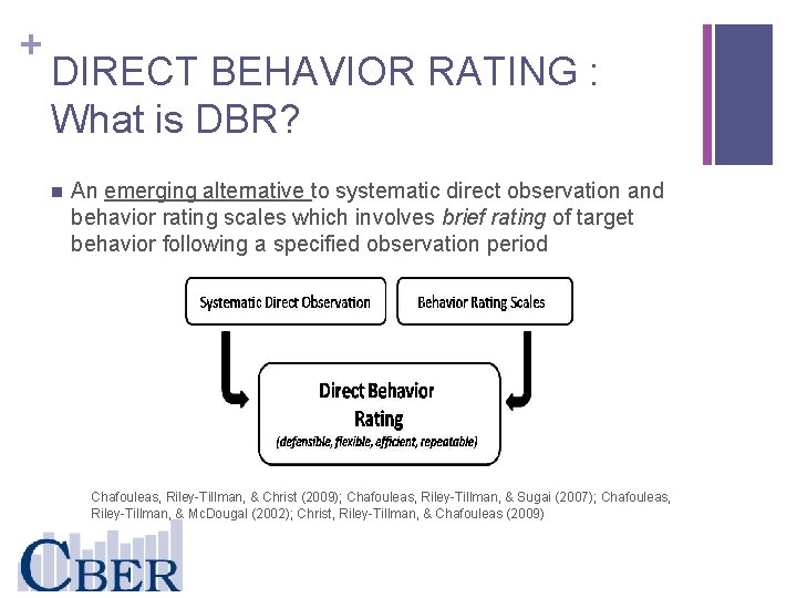 + DIRECT BEHAVIOR RATING : What is DBR? n An emerging alternative to systematic