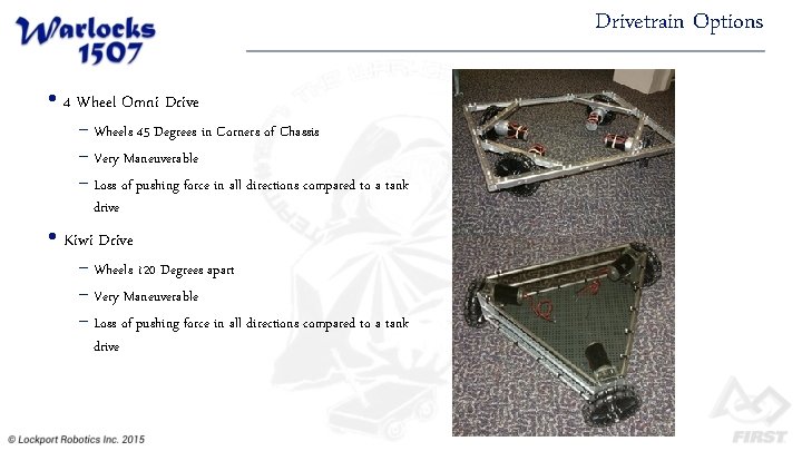 Drivetrain Options • 4 Wheel Omni Drive − Wheels 45 Degrees in Corners of