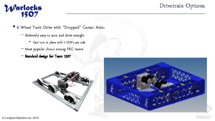 Drivetrain Options • 6 Wheel Tank Drive with “Dropped” Center Axles − Relatively easy