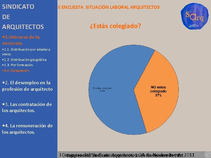 SINDICATO DE ARQUITECTOS II ENCUESTA SITUACIÓN LABORAL ARQUITECTOS ¿Estás colegiado? • 1. Universo de