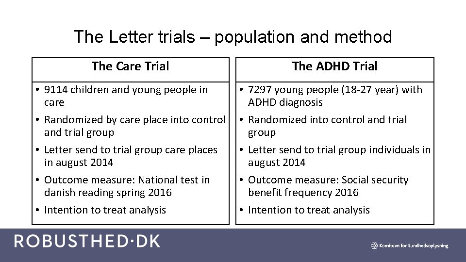 The Letter trials – population and method The Care Trial The ADHD Trial •