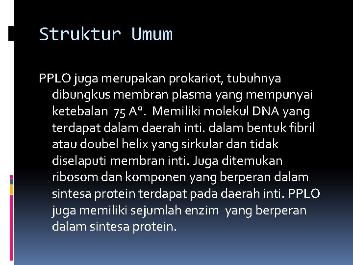 Struktur Umum PPLO juga merupakan prokariot, tubuhnya dibungkus membran plasma yang mempunyai ketebalan 75