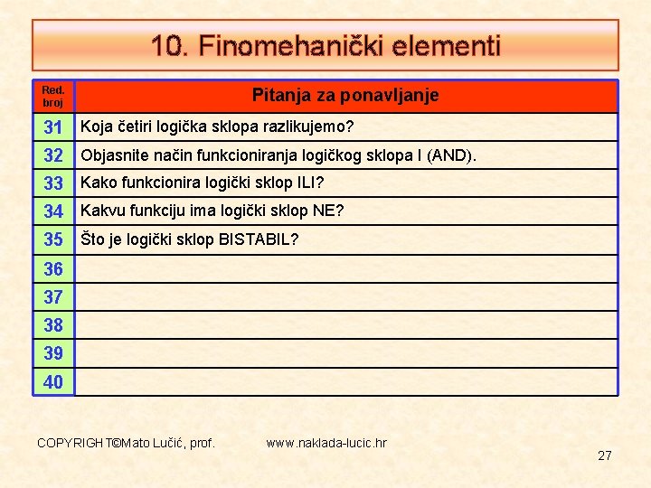10. Finomehanički elementi Red. broj Pitanja za ponavljanje 31 Koja četiri logička sklopa razlikujemo?
