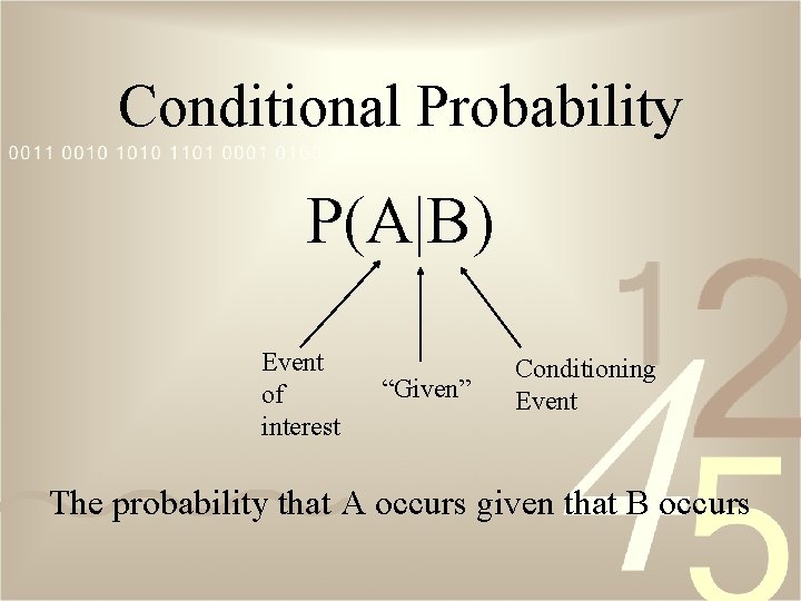 Conditional Probability P(A|B) Event of interest “Given” Conditioning Event The probability that A occurs