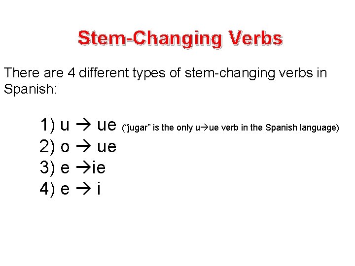 Stem-Changing Verbs There are 4 different types of stem-changing verbs in Spanish: 1) u