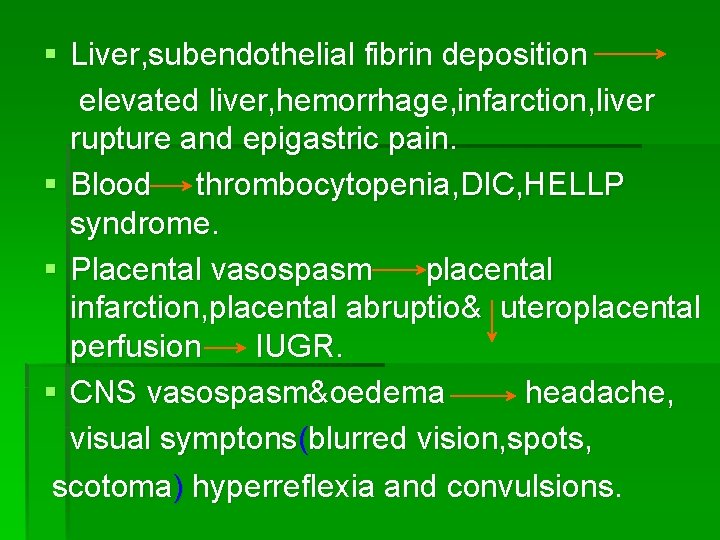 § Liver, subendothelial fibrin deposition elevated liver, hemorrhage, infarction, liver rupture and epigastric pain.