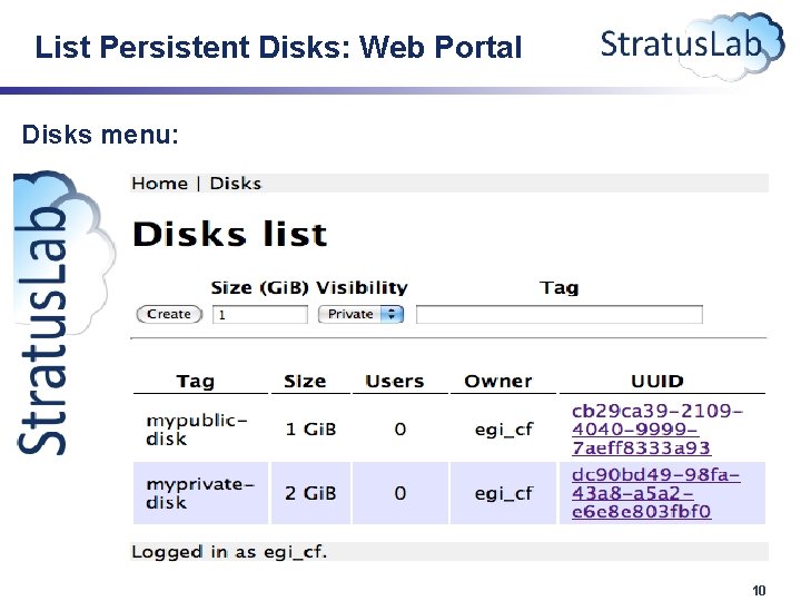List Persistent Disks: Web Portal Disks menu: 10 