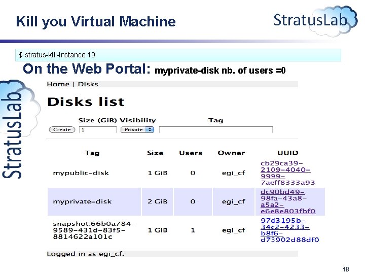 Kill you Virtual Machine $ stratus-kill-instance 19 On the Web Portal: myprivate-disk nb. of