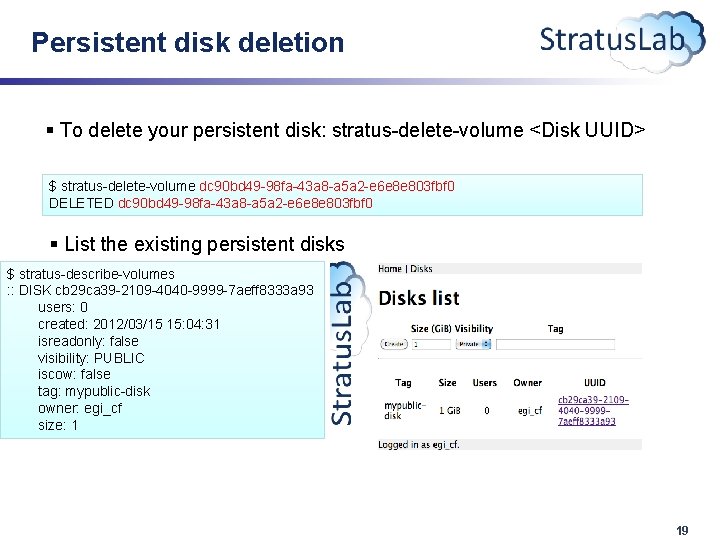 Persistent disk deletion § To delete your persistent disk: stratus-delete-volume <Disk UUID> $ stratus-delete-volume