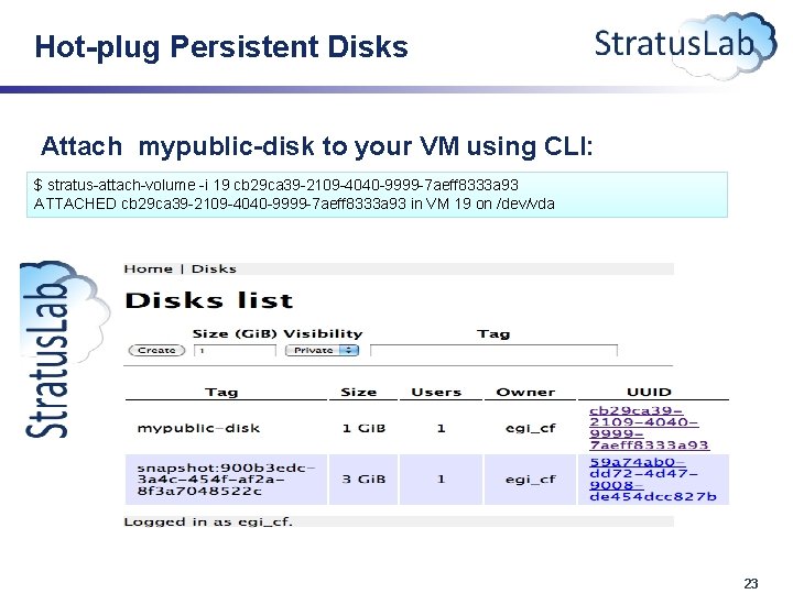 Hot-plug Persistent Disks Attach mypublic-disk to your VM using CLI: $ stratus-attach-volume -i 19