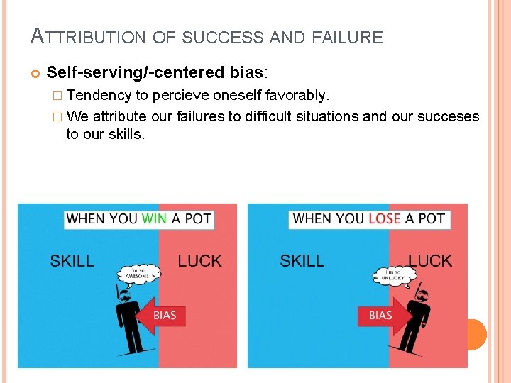 ATTRIBUTION OF SUCCESS AND FAILURE Self-serving/-centered bias: � Tendency to percieve oneself favorably. �