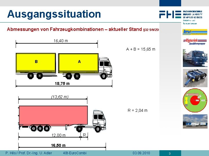 Ausgangssituation Abmessungen von Fahrzeugkombinationen – aktueller Stand § 32 St. VZO 16, 40 m