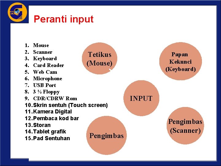 Peranti input 1. Mouse 2. Scanner Tetikus 3. Keyboard (Mouse) 4. Card Reader 5.