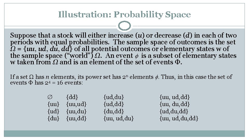 Illustration: Probability Space Suppose that a stock will either increase (u) or decrease (d)