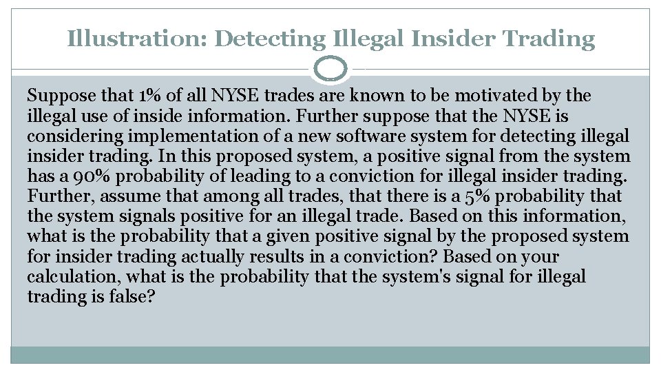 Illustration: Detecting Illegal Insider Trading Suppose that 1% of all NYSE trades are known