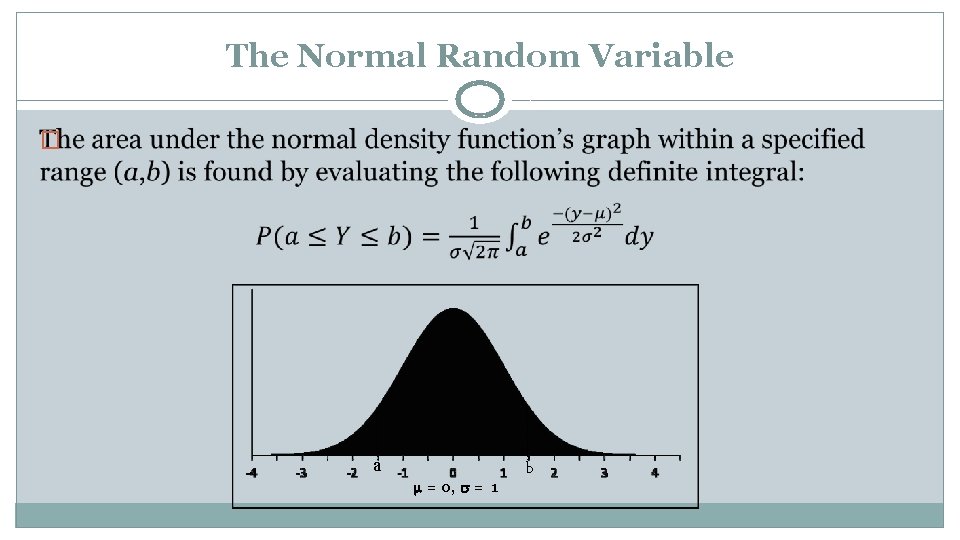 The Normal Random Variable � a b = 0, = 1 