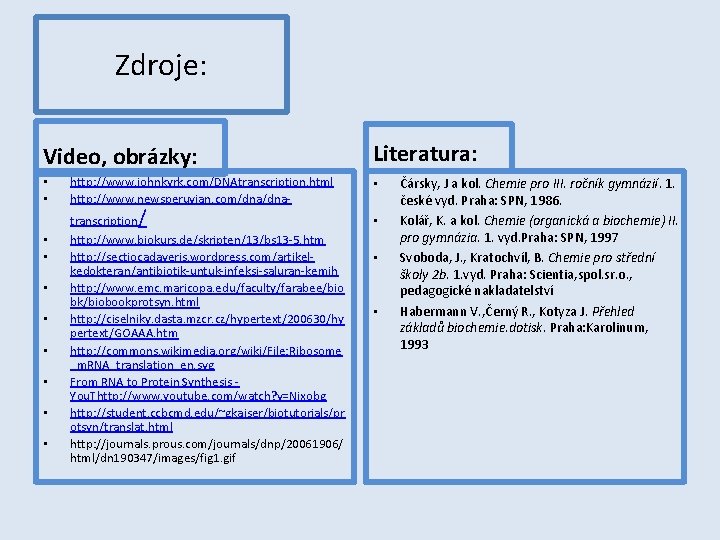 Zdroje: Video, obrázky: • • • Literatura: http: //www. johnkyrk. com/DNAtranscription. html http: //www.