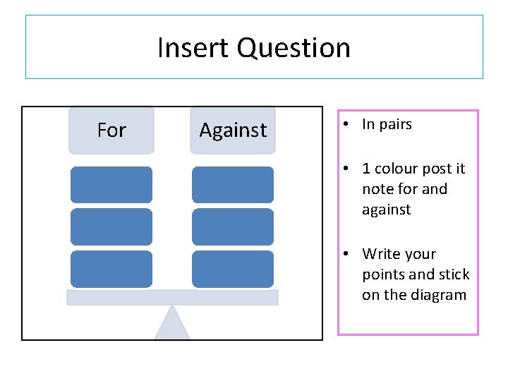 Insert Question For Against • In pairs • 1 colour post it note for