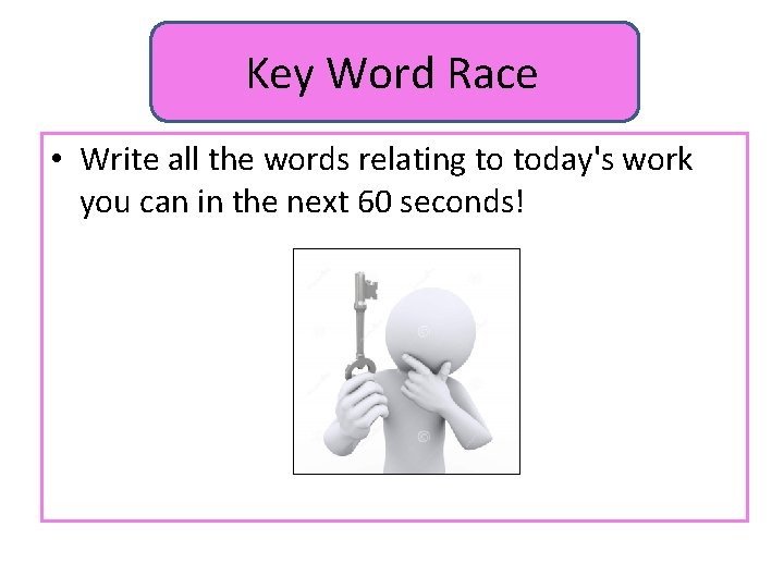 Key Word Race • Write all the words relating to today's work you can