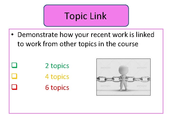 Topic Link • Demonstrate how your recent work is linked to work from other