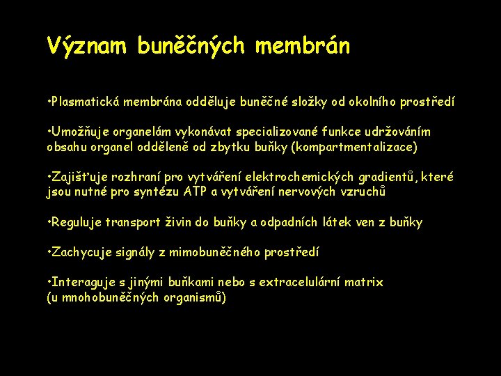 Význam buněčných membrán • Plasmatická membrána odděluje buněčné složky od okolního prostředí • Umožňuje