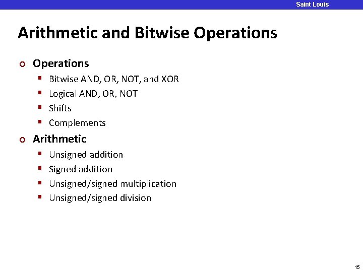 Saint Louis University Arithmetic and Bitwise Operations ¢ Operations § § ¢ Bitwise AND, Saint Louis University Arithmetic and Bitwise Operations ¢ Operations § § ¢ Bitwise AND,
