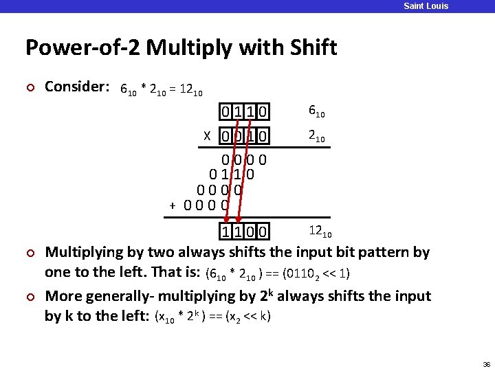 Saint Louis University Power-of-2 Multiply with Shift ¢ Consider: 610 * 210 = 1210 Saint Louis University Power-of-2 Multiply with Shift ¢ Consider: 610 * 210 = 1210