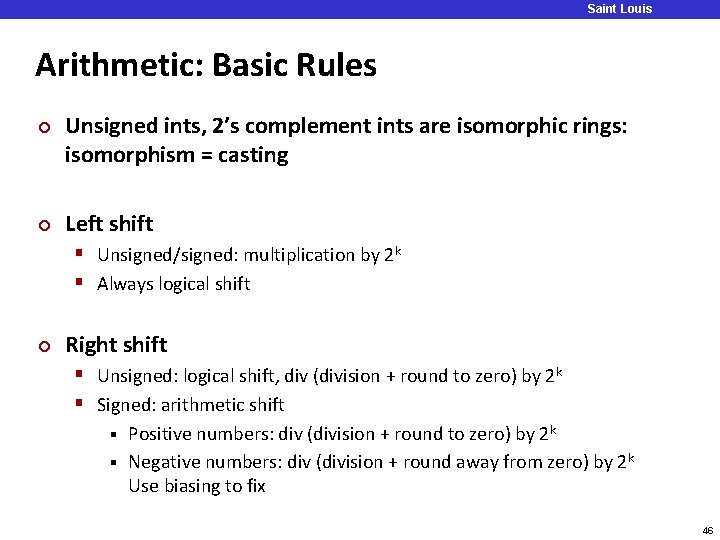 Saint Louis University Arithmetic: Basic Rules ¢ ¢ Unsigned ints, 2’s complement ints are Saint Louis University Arithmetic: Basic Rules ¢ ¢ Unsigned ints, 2’s complement ints are