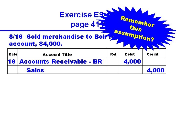 Exercise E 9 -10 page 411 Rem emb er this assu ption 8/16 Sold