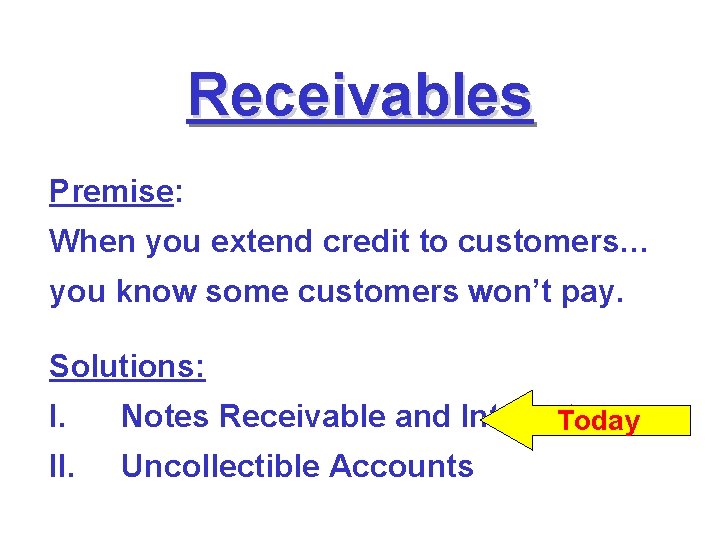 Receivables Premise: When you extend credit to customers… you know some customers won’t pay. Receivables Premise: When you extend credit to customers… you know some customers won’t pay.