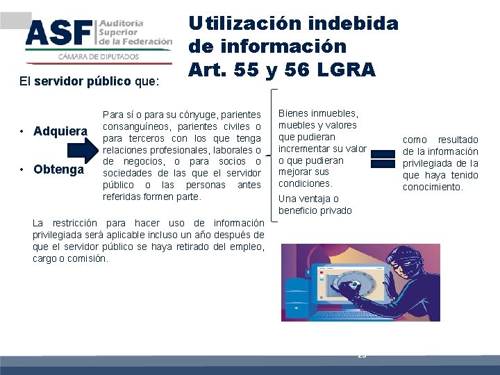 El servidor público que: • Adquiera • Obtenga Utilización indebida de información Art. 55