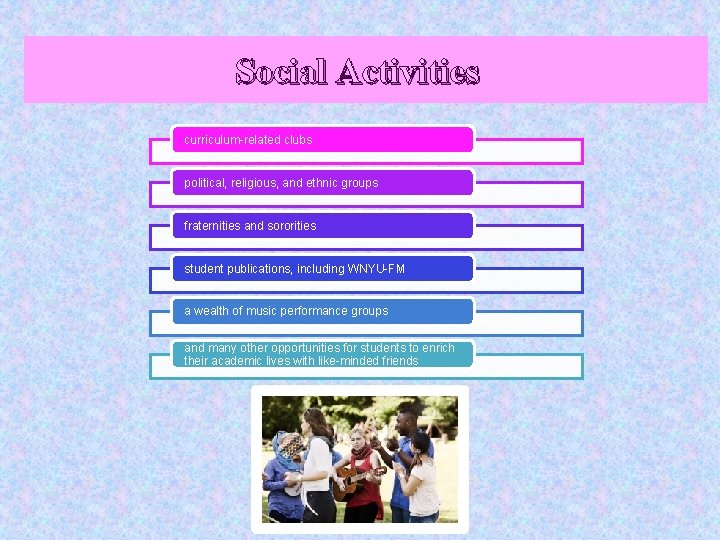 Social Activities curriculum-related clubs political, religious, and ethnic groups fraternities and sororities student publications,