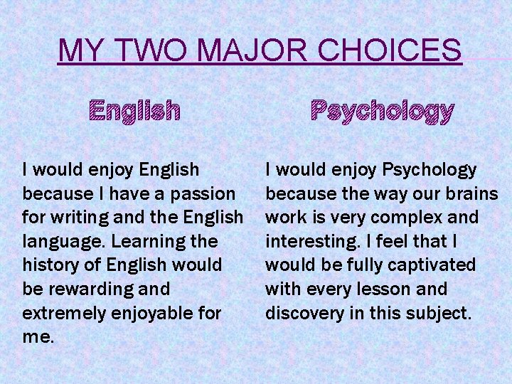 MY TWO MAJOR CHOICES English Psychology I would enjoy English because I have a
