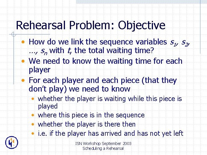 Rehearsal Problem: Objective • How do we link the sequence variables s 1, s