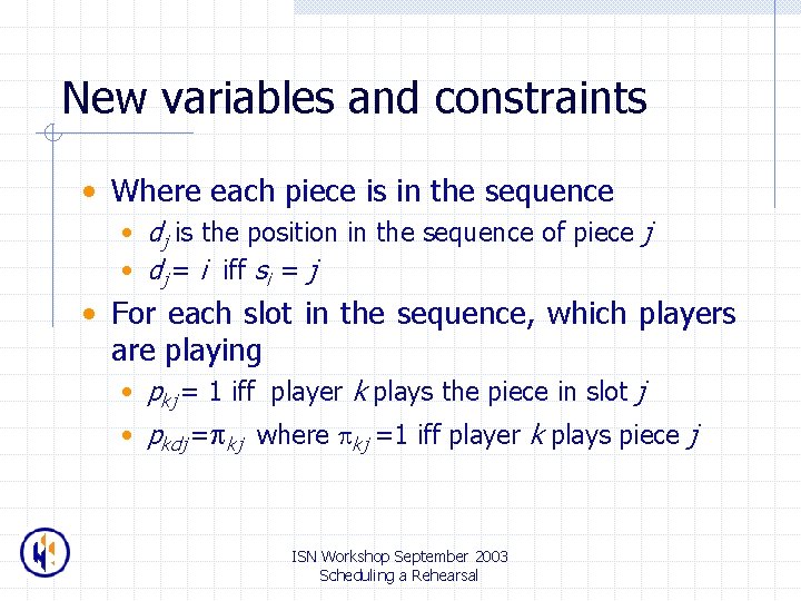 New variables and constraints • Where each piece is in the sequence • dj