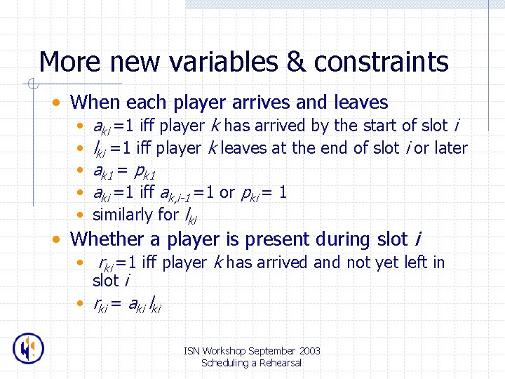 More new variables & constraints • When each player arrives and leaves • •