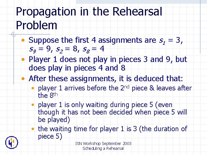 Propagation in the Rehearsal Problem • Suppose the first 4 assignments are s 1