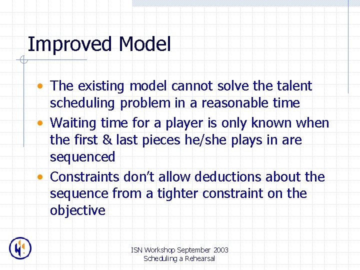 Improved Model • The existing model cannot solve the talent scheduling problem in a