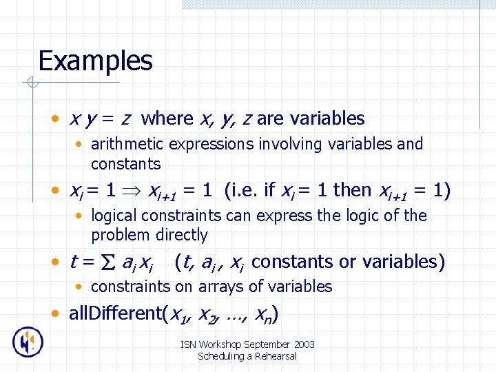 Examples • x y = z where x, y, z are variables • arithmetic