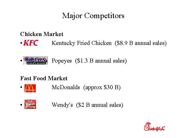 Major Competitors Chicken Market • Kentucky Fried Chicken ($8. 9 B annual sales) •