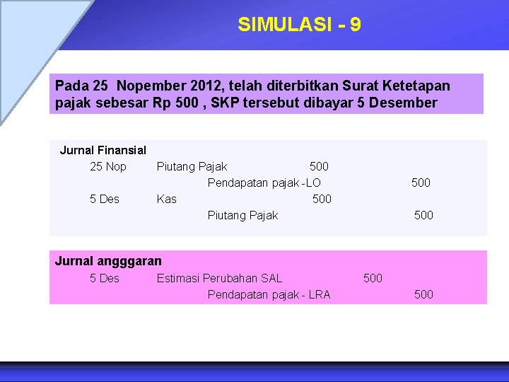 SIMULASI - 9 Pada 25 Nopember 2012, telah diterbitkan Surat Ketetapan pajak sebesar Rp
