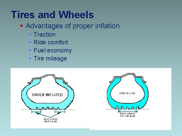 Tires and Wheels § Advantages of proper inflation • • Traction Ride comfort Fuel