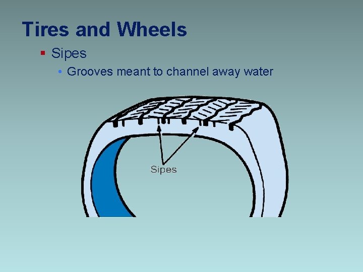 Tires and Wheels § Sipes • Grooves meant to channel away water 