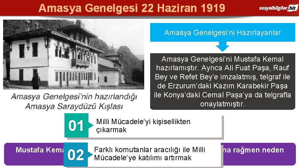 Amasya Genelgesi 22 Haziran 1919 Amasya Genelgesi’ni Hazırlayanlar Amasya Genelgesi’ni Mustafa Kemal hazırlamıştır. Ayrıca