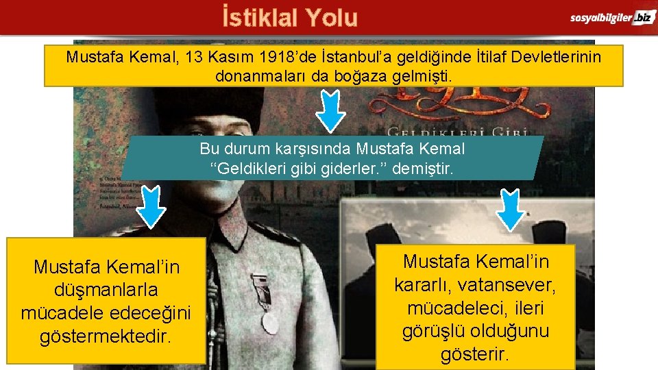 İstiklal Yolu Mustafa Kemal, 13 Kasım 1918’de İstanbul’a geldiğinde İtilaf Devletlerinin donanmaları da boğaza